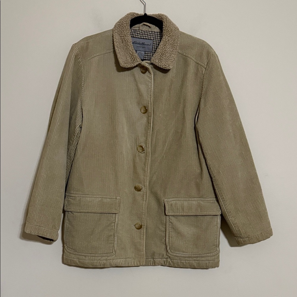 Eddie Bauer Beige Corduroy Utility barn Jacket women M button pockets Y2K thick